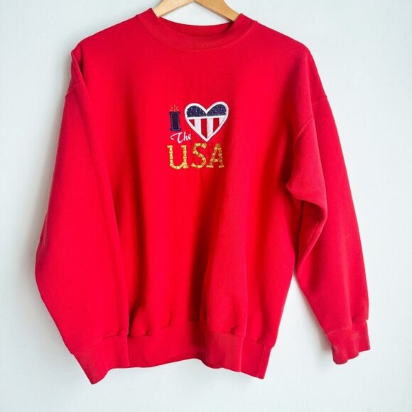 Vintage "I Heart the USA" Red Embroidered Sweatshirt MAGA L - Picture 2 of 6